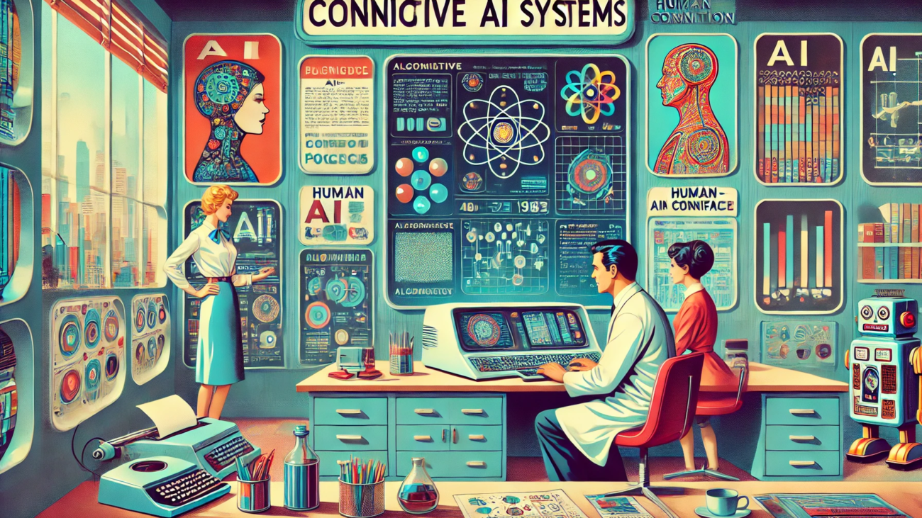 DALL·E 2024-06-28 10.01.31 - A 1960s themed illustration showing a futuristic laboratory where cognitive AI systems are being developed. Scientists in 1960s attire are interacting