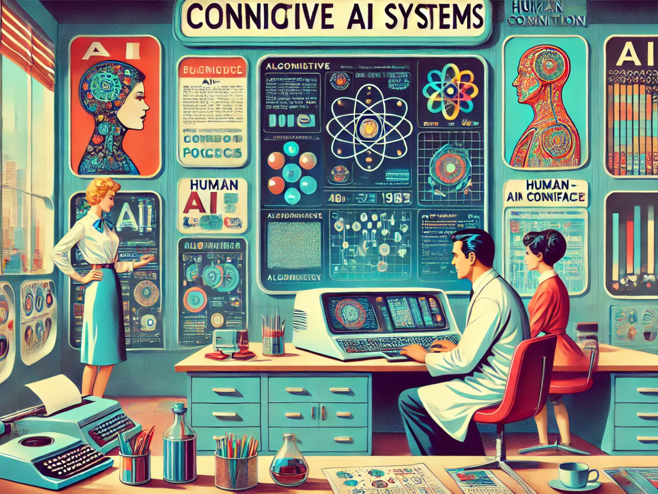 DALL·E 2024-06-28 10.01.31 - A 1960s themed illustration showing a futuristic laboratory where cognitive AI systems are being developed. Scientists in 1960s attire are interacting