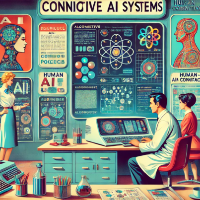 DALL·E 2024-06-28 10.01.31 - A 1960s themed illustration showing a futuristic laboratory where cognitive AI systems are being developed. Scientists in 1960s attire are interacting