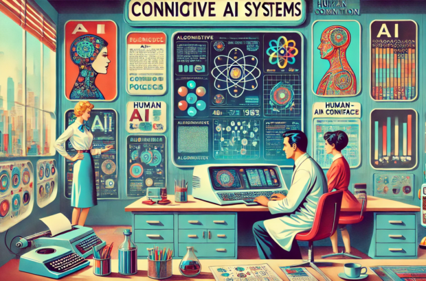 DALL·E 2024-06-28 10.01.31 - A 1960s themed illustration showing a futuristic laboratory where cognitive AI systems are being developed. Scientists in 1960s attire are interacting