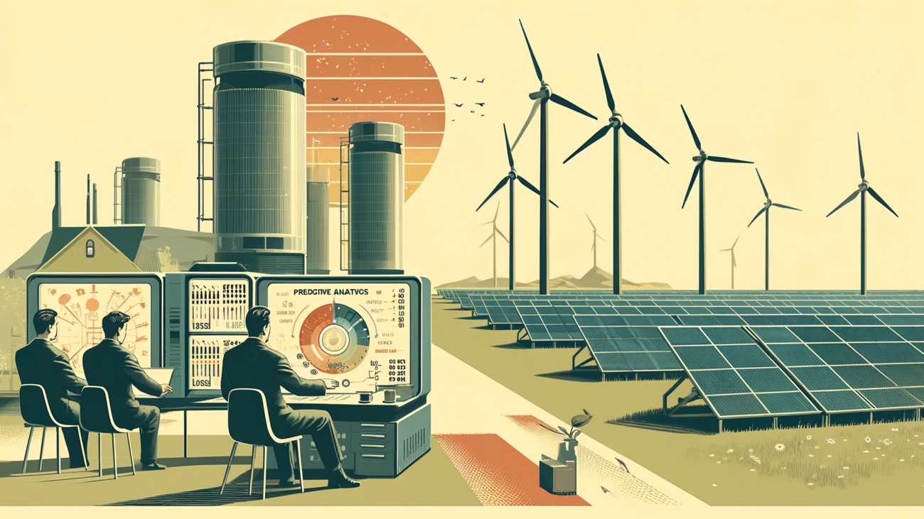 DALL·E 2024-06-28 10.18.10 - A 1960s themed illustration in muted colors showing a wind farm and solar farm managed by predictive analytics. Engineers in 1960s attire are on-site,