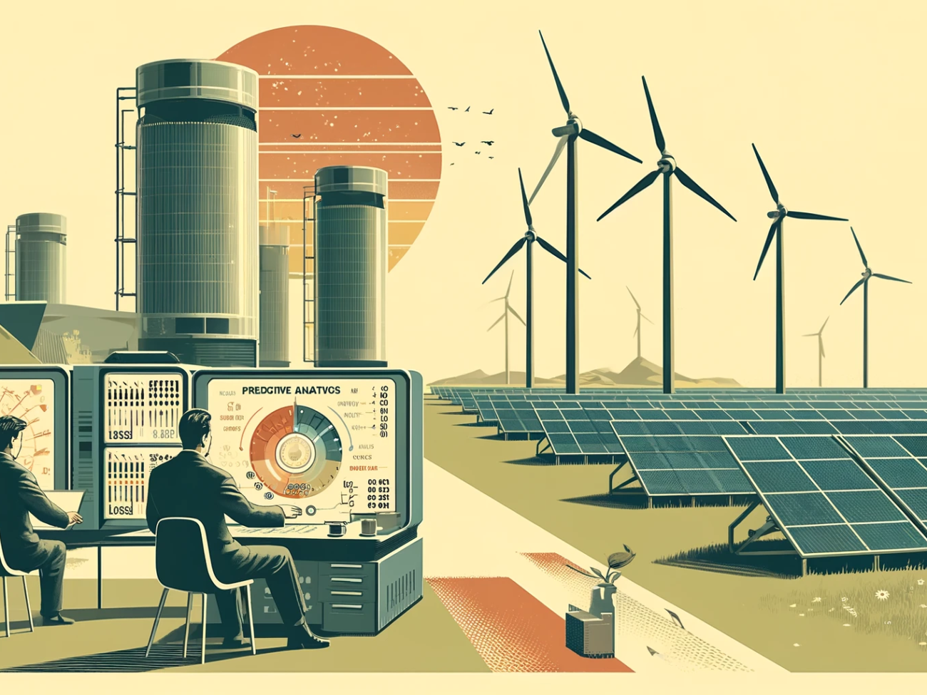 DALL·E 2024-06-28 10.18.10 - A 1960s themed illustration in muted colors showing a wind farm and solar farm managed by predictive analytics. Engineers in 1960s attire are on-site,