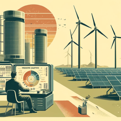 DALL·E 2024-06-28 10.18.10 - A 1960s themed illustration in muted colors showing a wind farm and solar farm managed by predictive analytics. Engineers in 1960s attire are on-site,