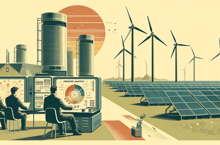 DALL·E 2024-06-28 10.18.10 - A 1960s themed illustration in muted colors showing a wind farm and solar farm managed by predictive analytics. Engineers in 1960s attire are on-site,