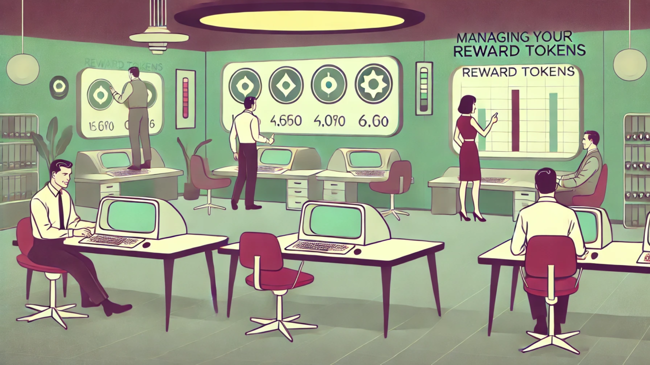 DALL·E 2024-06-28 10.24.19 - A 1960s themed illustration in muted colors showing a futuristic office where employees are managing their reward tokens using retro-futuristic comput