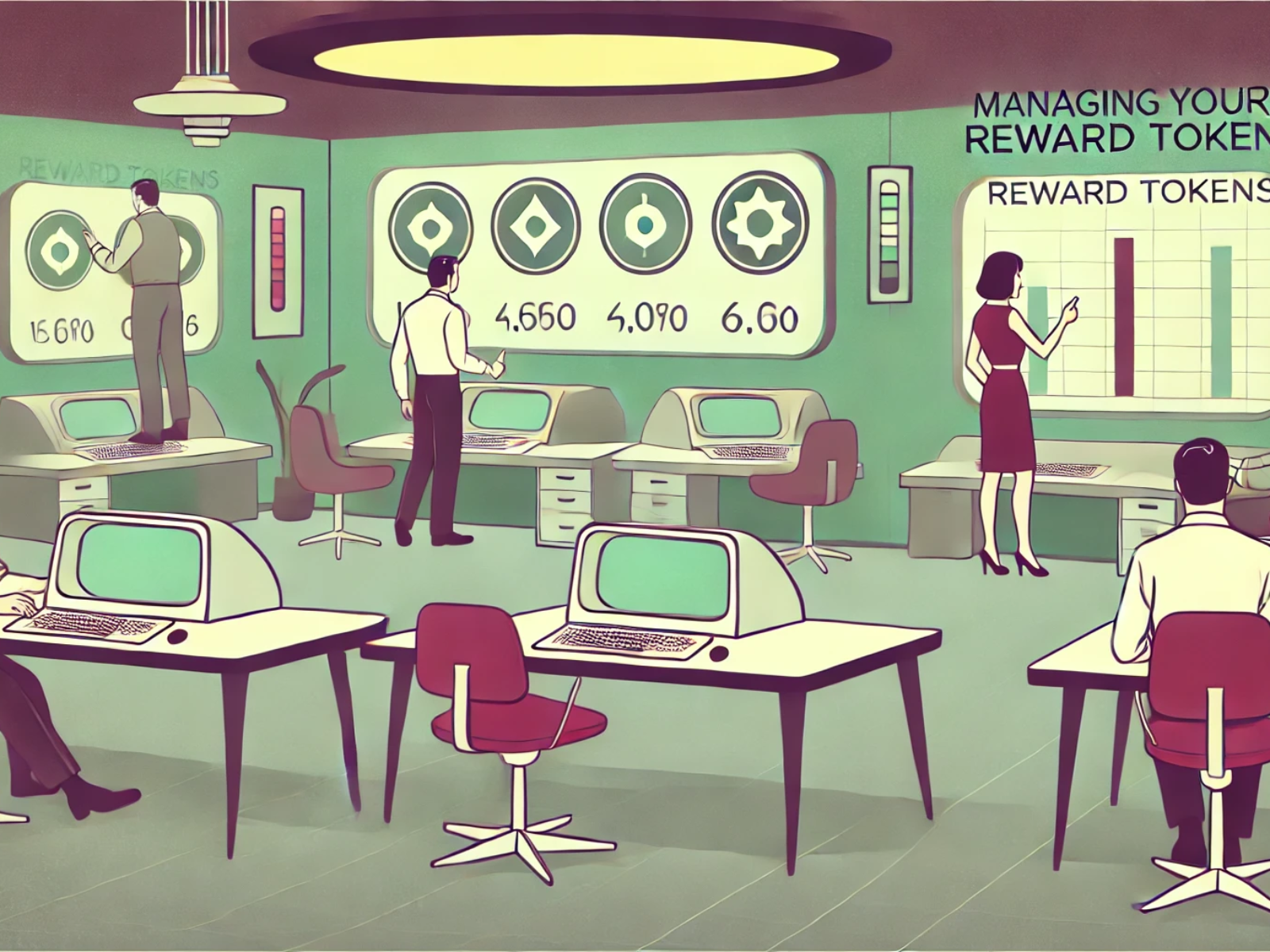 DALL·E 2024-06-28 10.24.19 - A 1960s themed illustration in muted colors showing a futuristic office where employees are managing their reward tokens using retro-futuristic comput