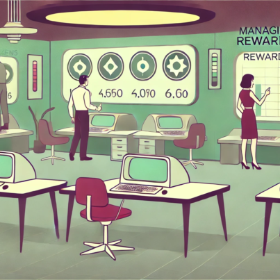 DALL·E 2024-06-28 10.24.19 - A 1960s themed illustration in muted colors showing a futuristic office where employees are managing their reward tokens using retro-futuristic comput