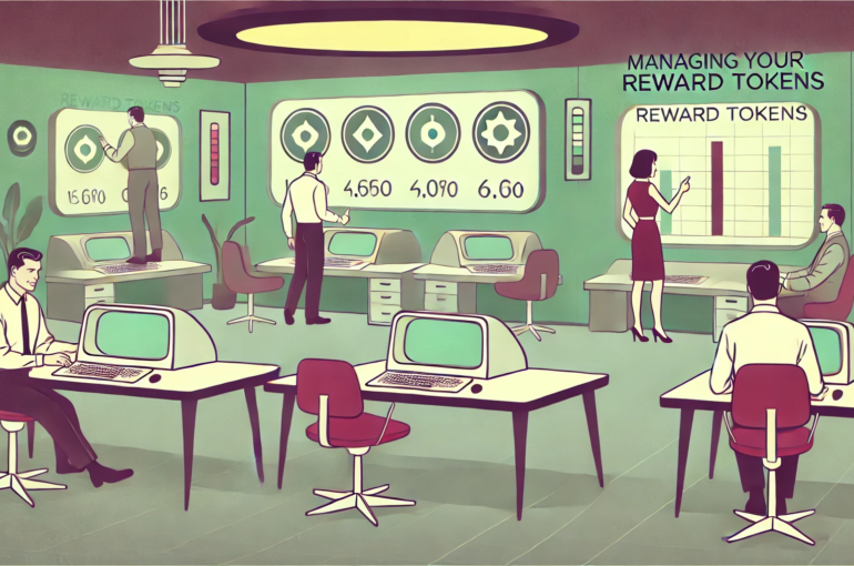 DALL·E 2024-06-28 10.24.19 - A 1960s themed illustration in muted colors showing a futuristic office where employees are managing their reward tokens using retro-futuristic comput