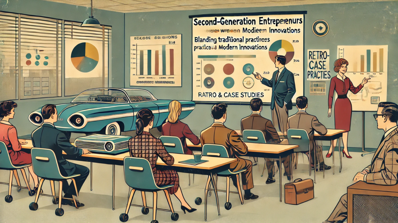 DALL·E 2024-06-28 10.49.56 - A 1960s themed illustration in muted colors showing a classroom where second-generation entrepreneurs are learning. The classroom features mid-century