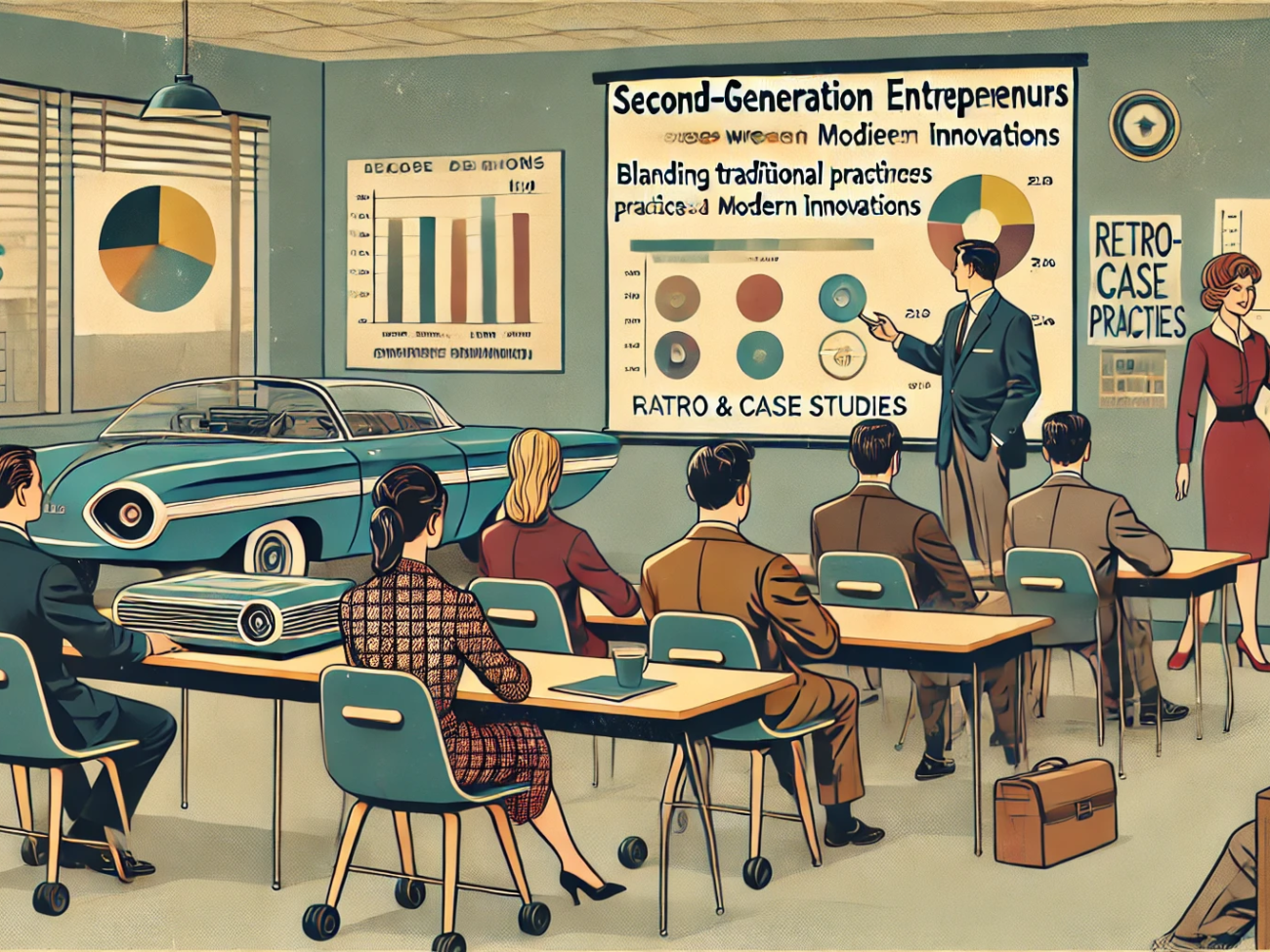 DALL·E 2024-06-28 10.49.56 - A 1960s themed illustration in muted colors showing a classroom where second-generation entrepreneurs are learning. The classroom features mid-century