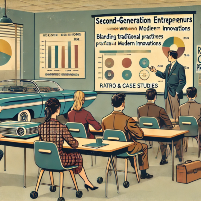 DALL·E 2024-06-28 10.49.56 - A 1960s themed illustration in muted colors showing a classroom where second-generation entrepreneurs are learning. The classroom features mid-century