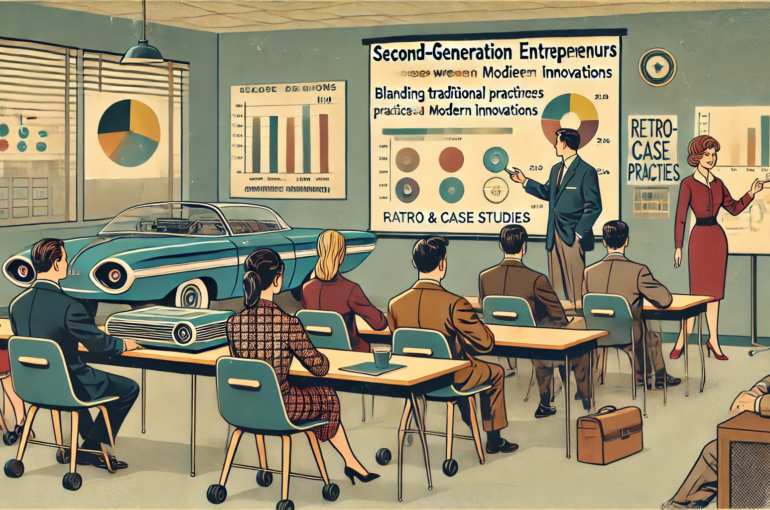 DALL·E 2024-06-28 10.49.56 - A 1960s themed illustration in muted colors showing a classroom where second-generation entrepreneurs are learning. The classroom features mid-century