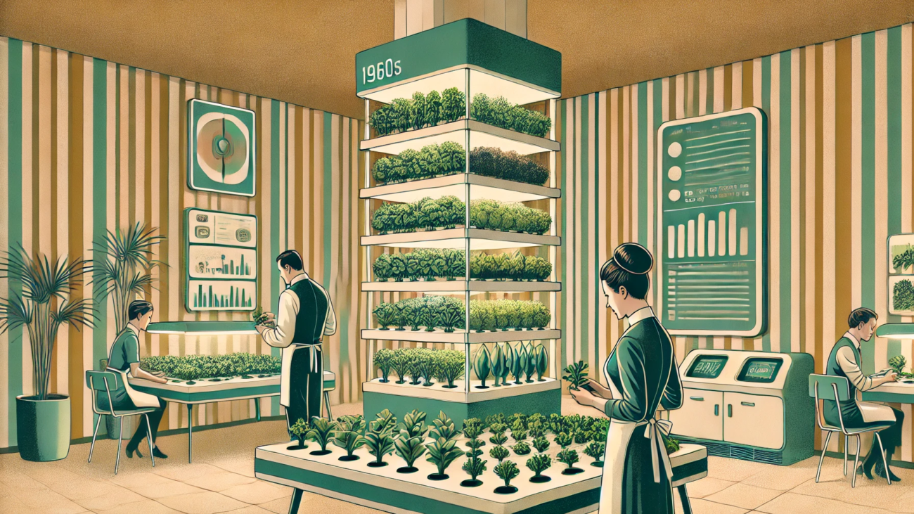 DALL·E 2024-06-28 11.00.00 - A 1960s themed illustration in muted colors showing a futuristic indoor vertical farm. Farmers in 1960s attire are tending to crops grown in stacked l