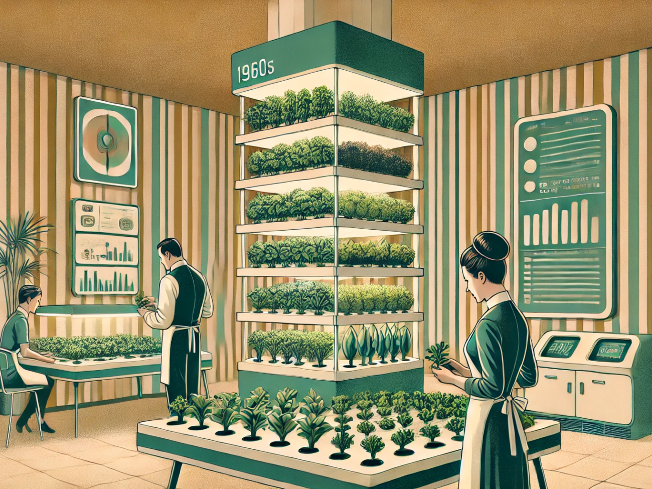 DALL·E 2024-06-28 11.00.00 - A 1960s themed illustration in muted colors showing a futuristic indoor vertical farm. Farmers in 1960s attire are tending to crops grown in stacked l