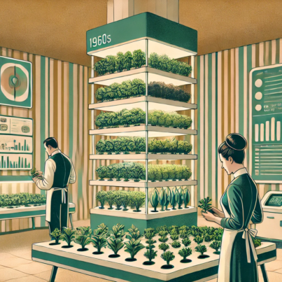 DALL·E 2024-06-28 11.00.00 - A 1960s themed illustration in muted colors showing a futuristic indoor vertical farm. Farmers in 1960s attire are tending to crops grown in stacked l