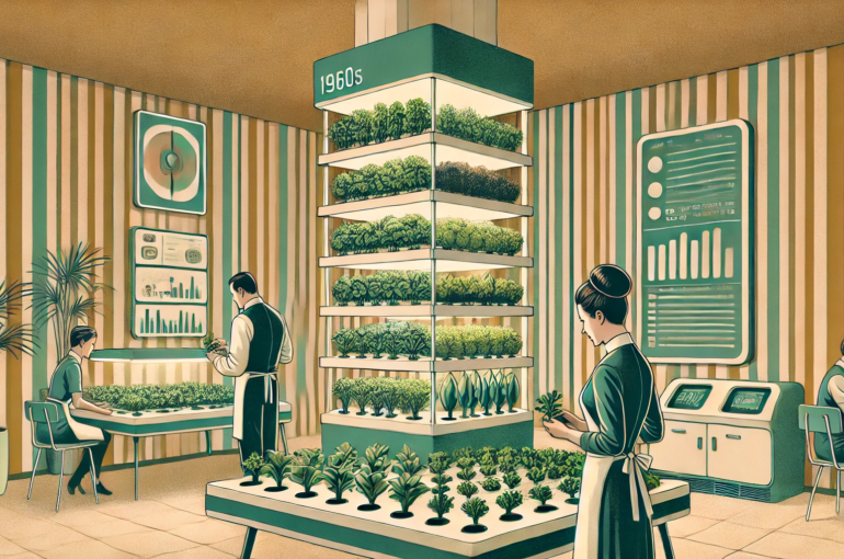 DALL·E 2024-06-28 11.00.00 - A 1960s themed illustration in muted colors showing a futuristic indoor vertical farm. Farmers in 1960s attire are tending to crops grown in stacked l