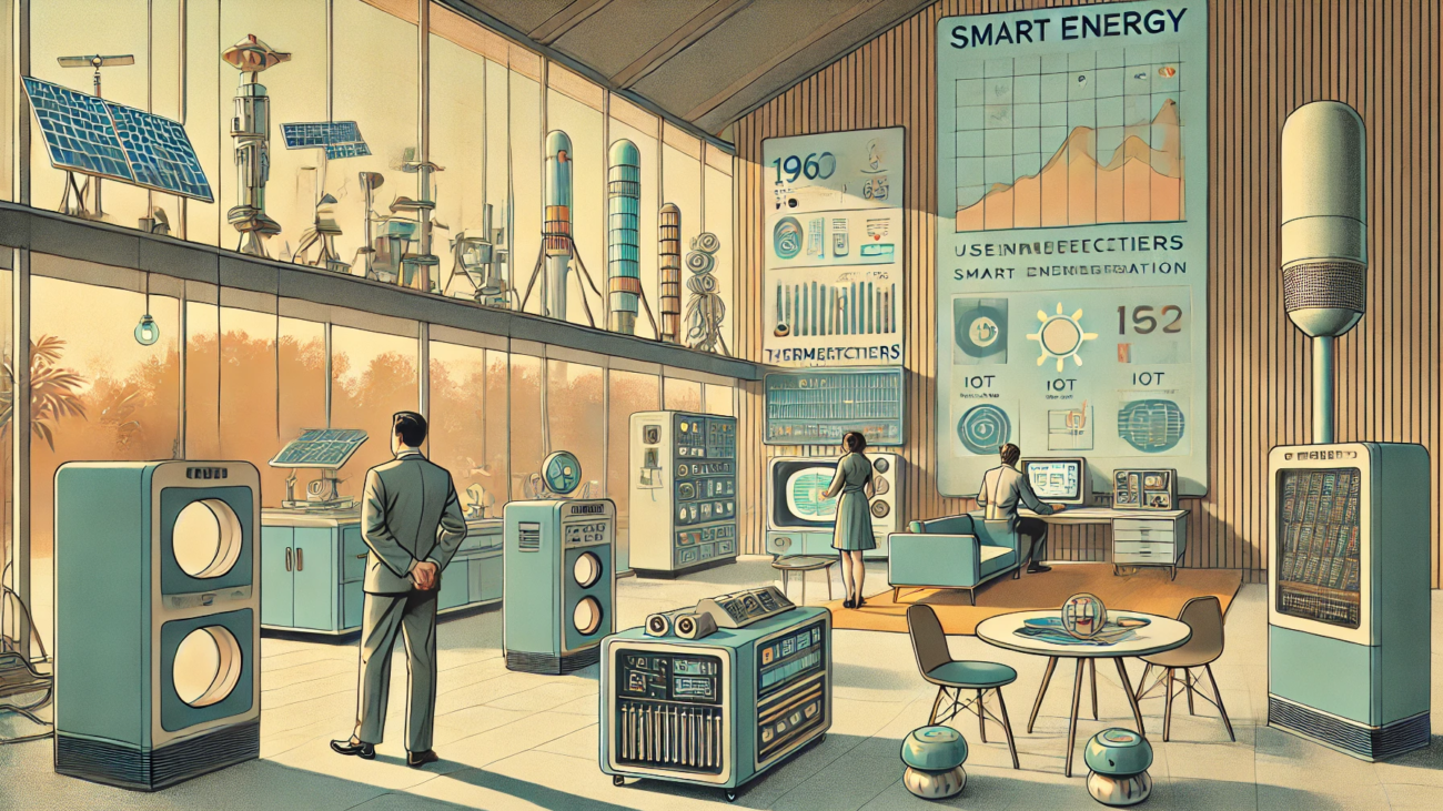 DALL·E 2024-06-28 11.15.50 - A 1960s themed illustration in muted colors showing an indoor setup for smart energy generation using semiconductors. The scene features retro-futuris