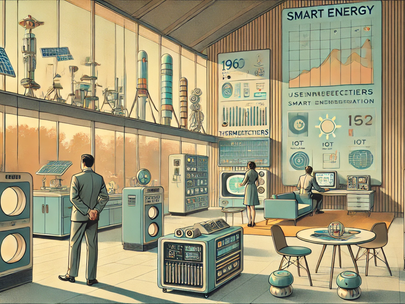 DALL·E 2024-06-28 11.15.50 - A 1960s themed illustration in muted colors showing an indoor setup for smart energy generation using semiconductors. The scene features retro-futuris