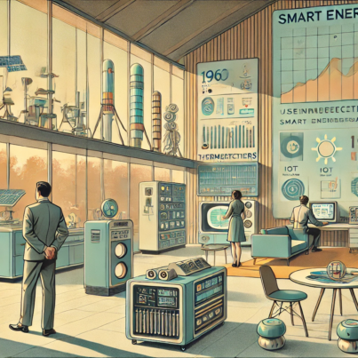 DALL·E 2024-06-28 11.15.50 - A 1960s themed illustration in muted colors showing an indoor setup for smart energy generation using semiconductors. The scene features retro-futuris