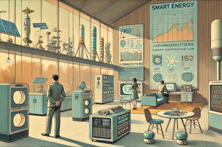 DALL·E 2024-06-28 11.15.50 - A 1960s themed illustration in muted colors showing an indoor setup for smart energy generation using semiconductors. The scene features retro-futuris