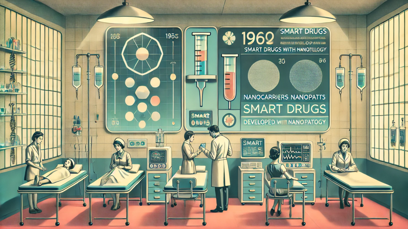 DALL·E 2024-06-28 11.23.26 - A 1960s themed illustration in muted colors showing a futuristic medical facility where smart drugs developed with nanotechnology are being administer