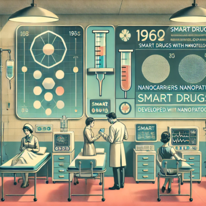 DALL·E 2024-06-28 11.23.26 - A 1960s themed illustration in muted colors showing a futuristic medical facility where smart drugs developed with nanotechnology are being administer