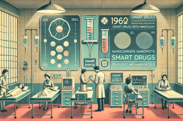 DALL·E 2024-06-28 11.23.26 - A 1960s themed illustration in muted colors showing a futuristic medical facility where smart drugs developed with nanotechnology are being administer