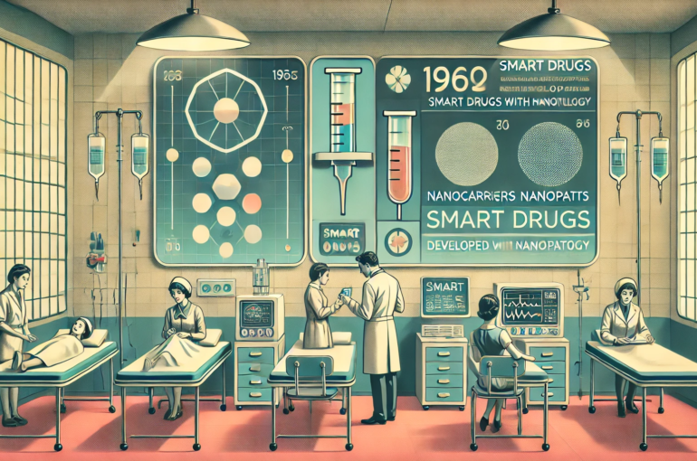 DALL·E 2024-06-28 11.23.26 - A 1960s themed illustration in muted colors showing a futuristic medical facility where smart drugs developed with nanotechnology are being administer