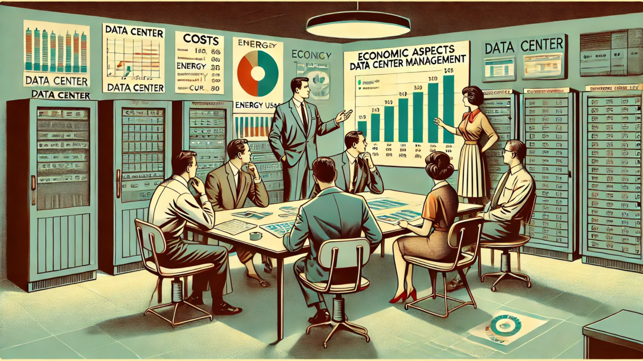 DALL·E 2024-06-28 11.36.06 - A 1960s themed illustration in muted colors showing an office where the economic aspects of data center management are being discussed. Managers in 19