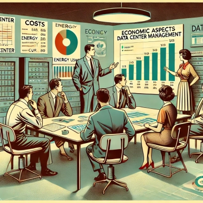 DALL·E 2024-06-28 11.36.06 - A 1960s themed illustration in muted colors showing an office where the economic aspects of data center management are being discussed. Managers in 19