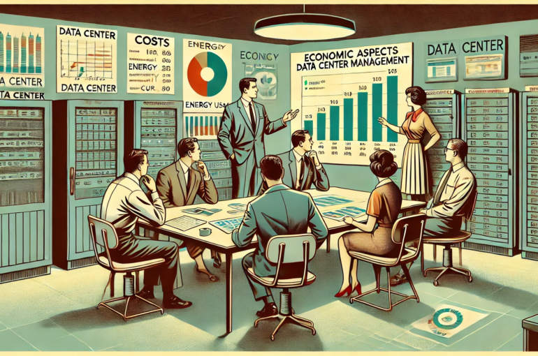 DALL·E 2024-06-28 11.36.06 - A 1960s themed illustration in muted colors showing an office where the economic aspects of data center management are being discussed. Managers in 19