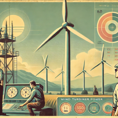 DALL·E 2024-06-28 11.44.44 - A 1960s themed illustration in muted colors showing a wind farm with large wind turbines. Engineers in 1960s attire are working on the turbines, exami