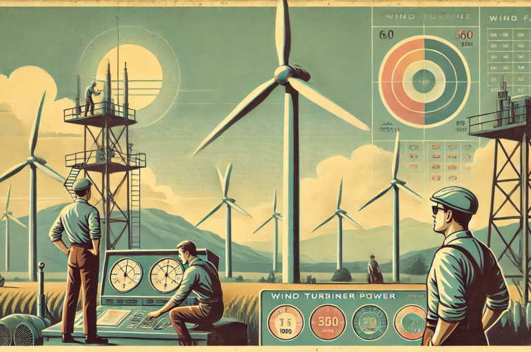 DALL·E 2024-06-28 11.44.44 - A 1960s themed illustration in muted colors showing a wind farm with large wind turbines. Engineers in 1960s attire are working on the turbines, exami