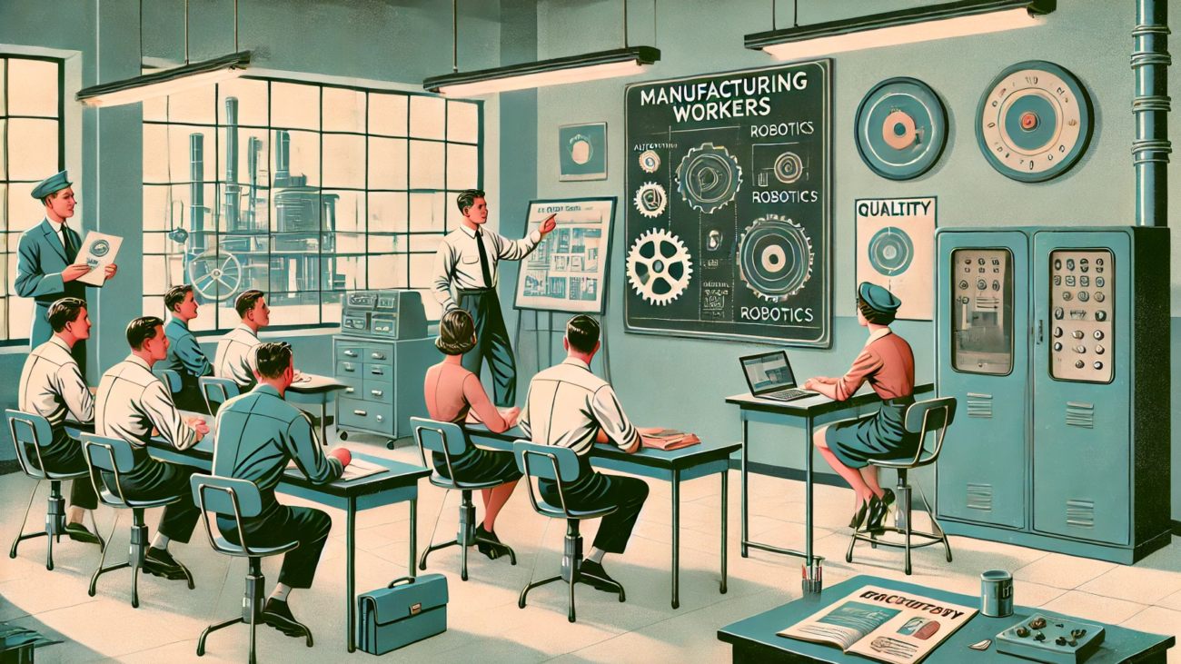 DALL·E 2024-06-28 12.04.31 - A 1960s themed illustration in muted colors showing a training session for manufacturing workers. The scene features a classroom with mid-century mode