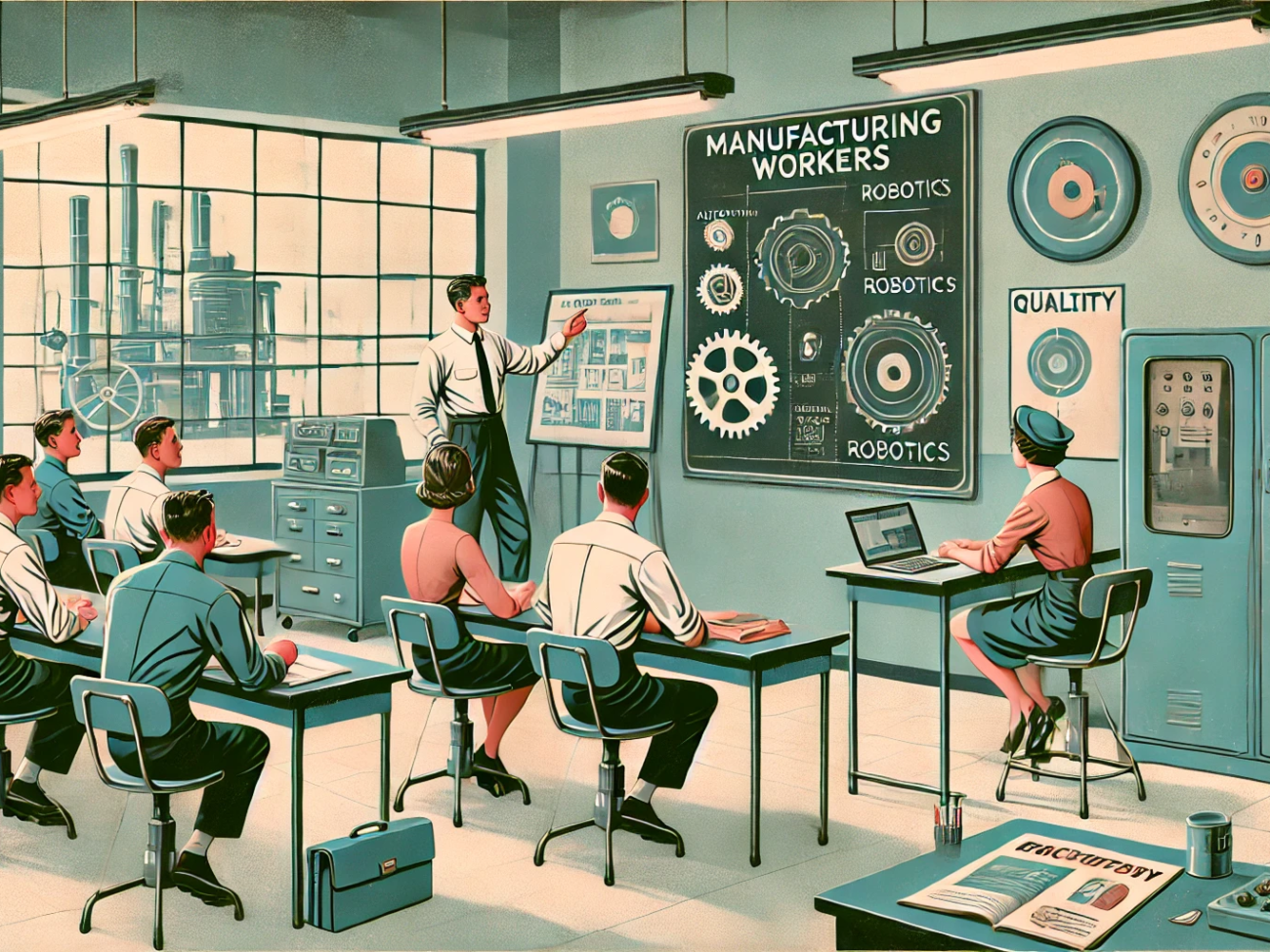 DALL·E 2024-06-28 12.04.31 - A 1960s themed illustration in muted colors showing a training session for manufacturing workers. The scene features a classroom with mid-century mode