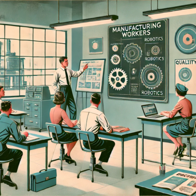 DALL·E 2024-06-28 12.04.31 - A 1960s themed illustration in muted colors showing a training session for manufacturing workers. The scene features a classroom with mid-century mode