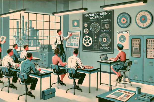 DALL·E 2024-06-28 12.04.31 - A 1960s themed illustration in muted colors showing a training session for manufacturing workers. The scene features a classroom with mid-century mode