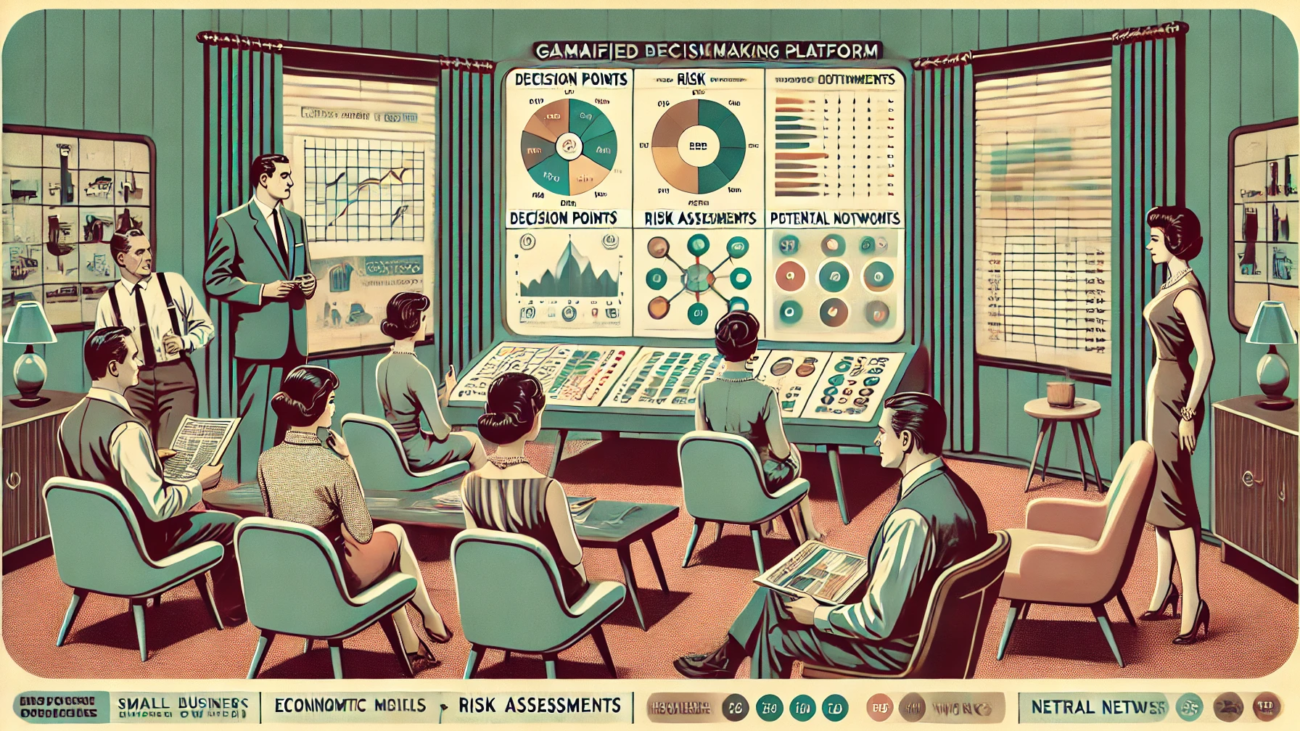 DALL·E 2024-06-28 12.33.53 - A 1960s themed illustration in muted colors showing a gamified decision-making platform for small business owners. The scene includes a retro-futurist