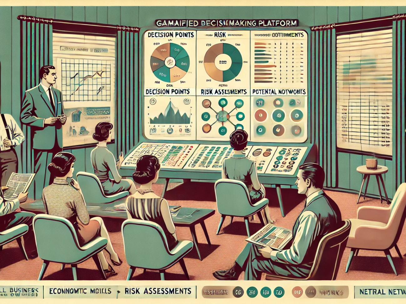 DALL·E 2024-06-28 12.33.53 - A 1960s themed illustration in muted colors showing a gamified decision-making platform for small business owners. The scene includes a retro-futurist