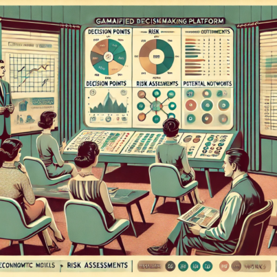 DALL·E 2024-06-28 12.33.53 - A 1960s themed illustration in muted colors showing a gamified decision-making platform for small business owners. The scene includes a retro-futurist