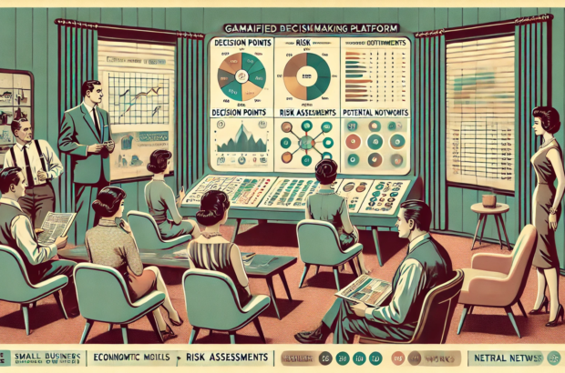 DALL·E 2024-06-28 12.33.53 - A 1960s themed illustration in muted colors showing a gamified decision-making platform for small business owners. The scene includes a retro-futurist