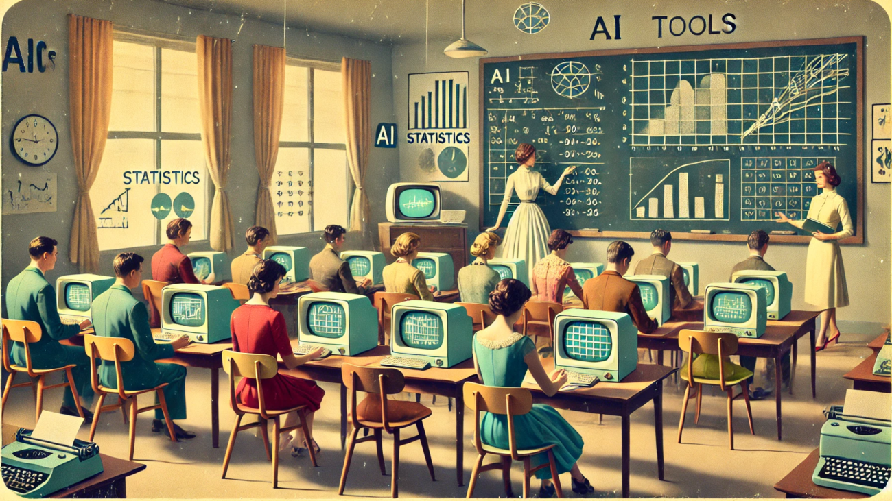 DALL·E 2024-06-28 12.46.39 - A 1960s themed illustration in muted colors showing a classroom where students are learning statistics with the help of AI tools. The scene includes m