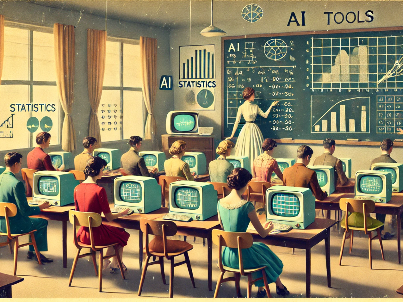 DALL·E 2024-06-28 12.46.39 - A 1960s themed illustration in muted colors showing a classroom where students are learning statistics with the help of AI tools. The scene includes m