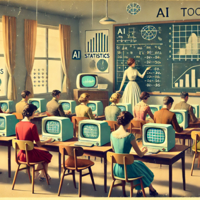 DALL·E 2024-06-28 12.46.39 - A 1960s themed illustration in muted colors showing a classroom where students are learning statistics with the help of AI tools. The scene includes m