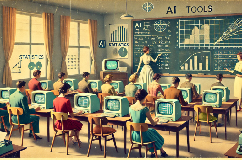 DALL·E 2024-06-28 12.46.39 - A 1960s themed illustration in muted colors showing a classroom where students are learning statistics with the help of AI tools. The scene includes m