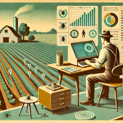 DALL·E 2024-06-28 12.59.27 - A 1960s themed illustration in muted colors showing a farmer using a vintage computer to monitor real-time data on pest activity in a field. The scene