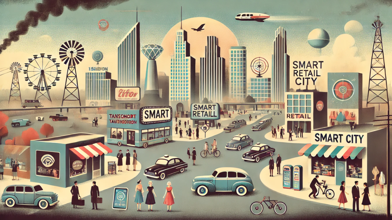 DALL·E 2024-06-28 13.48.17 - A 1960s themed illustration in muted colors showing a bustling smart city. The scene includes various industries such as transportation with autonomou