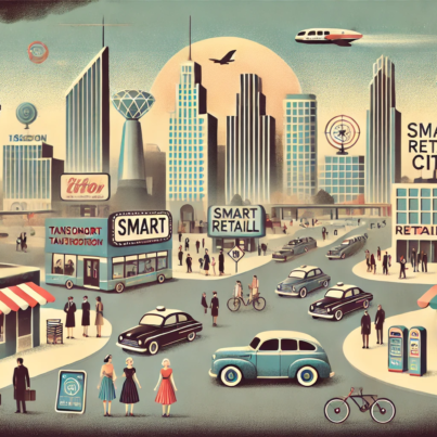 DALL·E 2024-06-28 13.48.17 - A 1960s themed illustration in muted colors showing a bustling smart city. The scene includes various industries such as transportation with autonomou