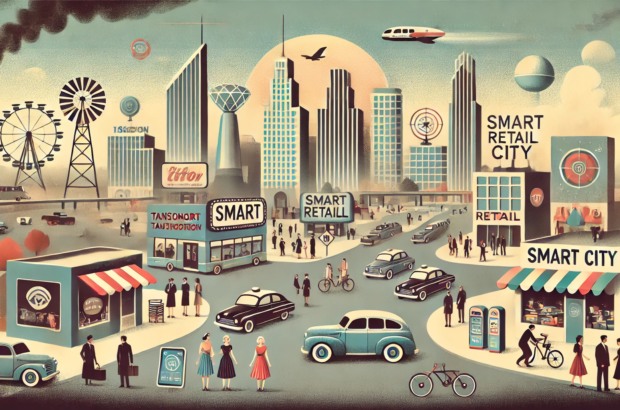 DALL·E 2024-06-28 13.48.17 - A 1960s themed illustration in muted colors showing a bustling smart city. The scene includes various industries such as transportation with autonomou