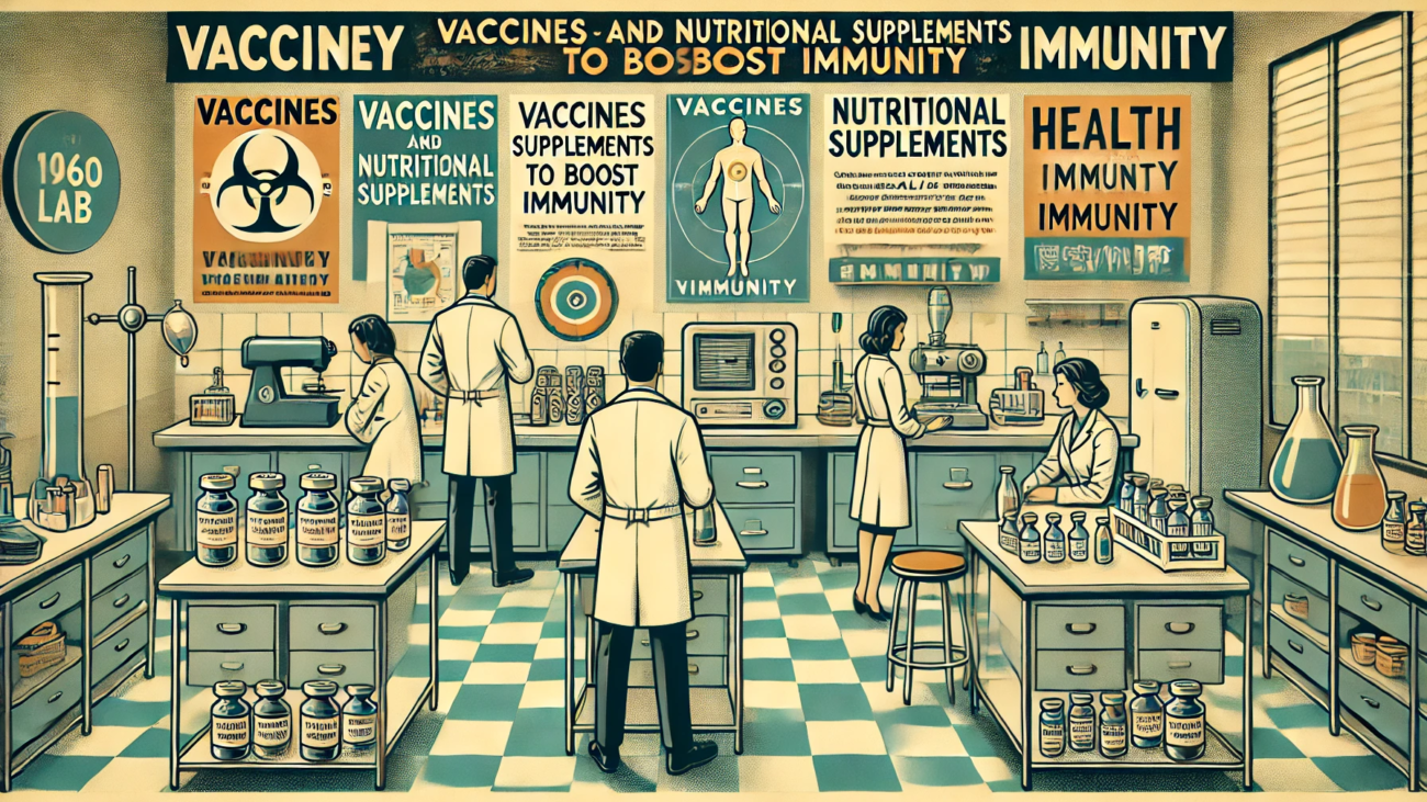 DALL·E 2024-06-28 13.57.36 - A 1960s-themed illustration showing scientists in a retro lab setting working on vaccines and nutritional supplements to boost immunity. The scene inc